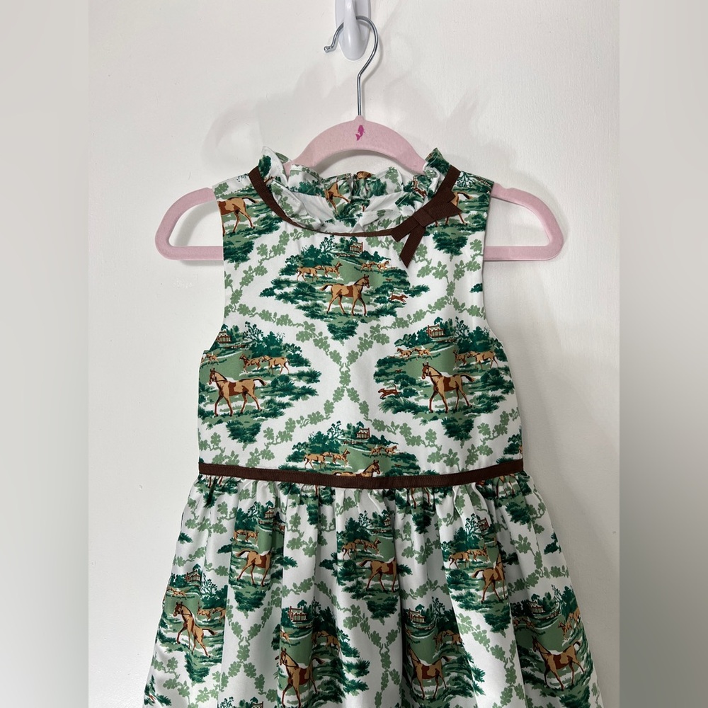 Janie and Jack White Dress with Green and Brown Horse Print - Picture 2 of 6